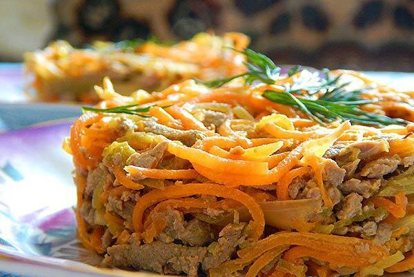 Салат из говяжьей печени с пикантной морковкой